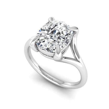 IGI Certified 2.97 carat cushion cut lab grown diamond split shank engagement ring with claw prong setting in white gold.