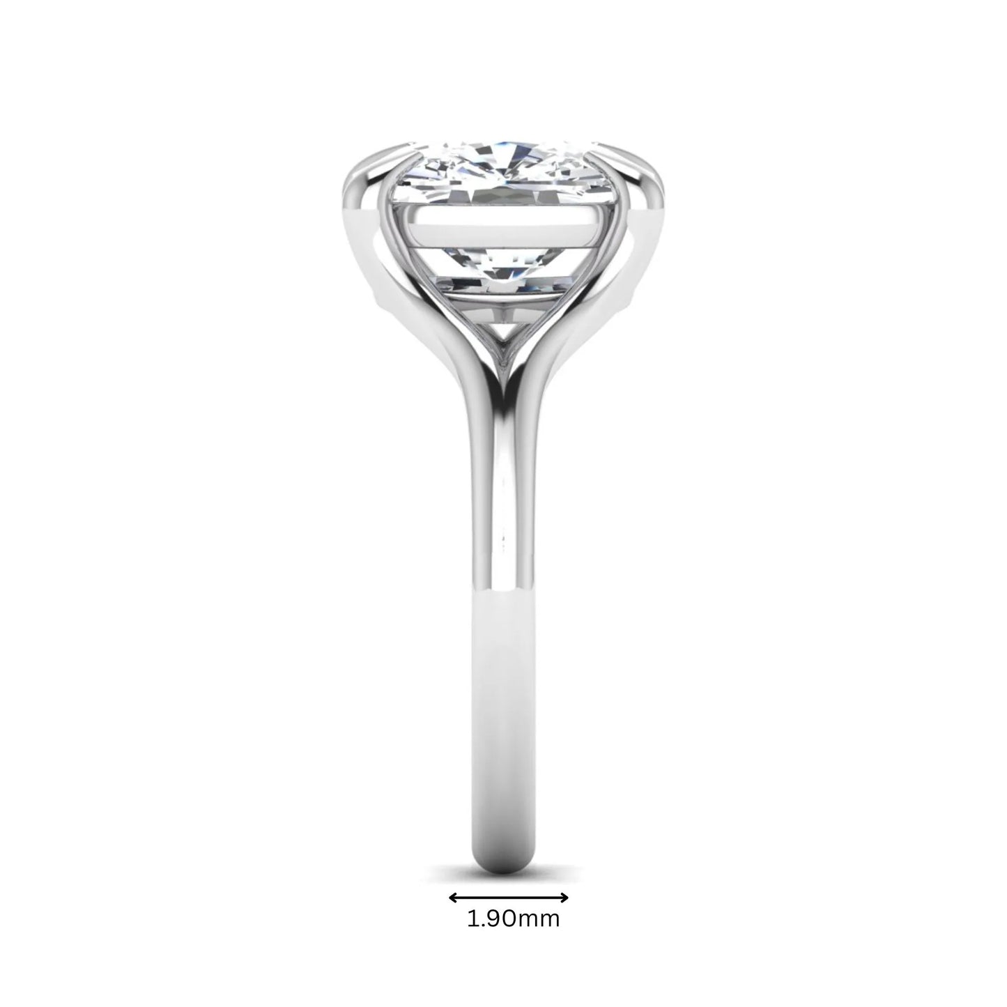 IGI Certified 2.97 carat cushion cut lab grown diamond split shank engagement ring with claw prong setting in white gold.