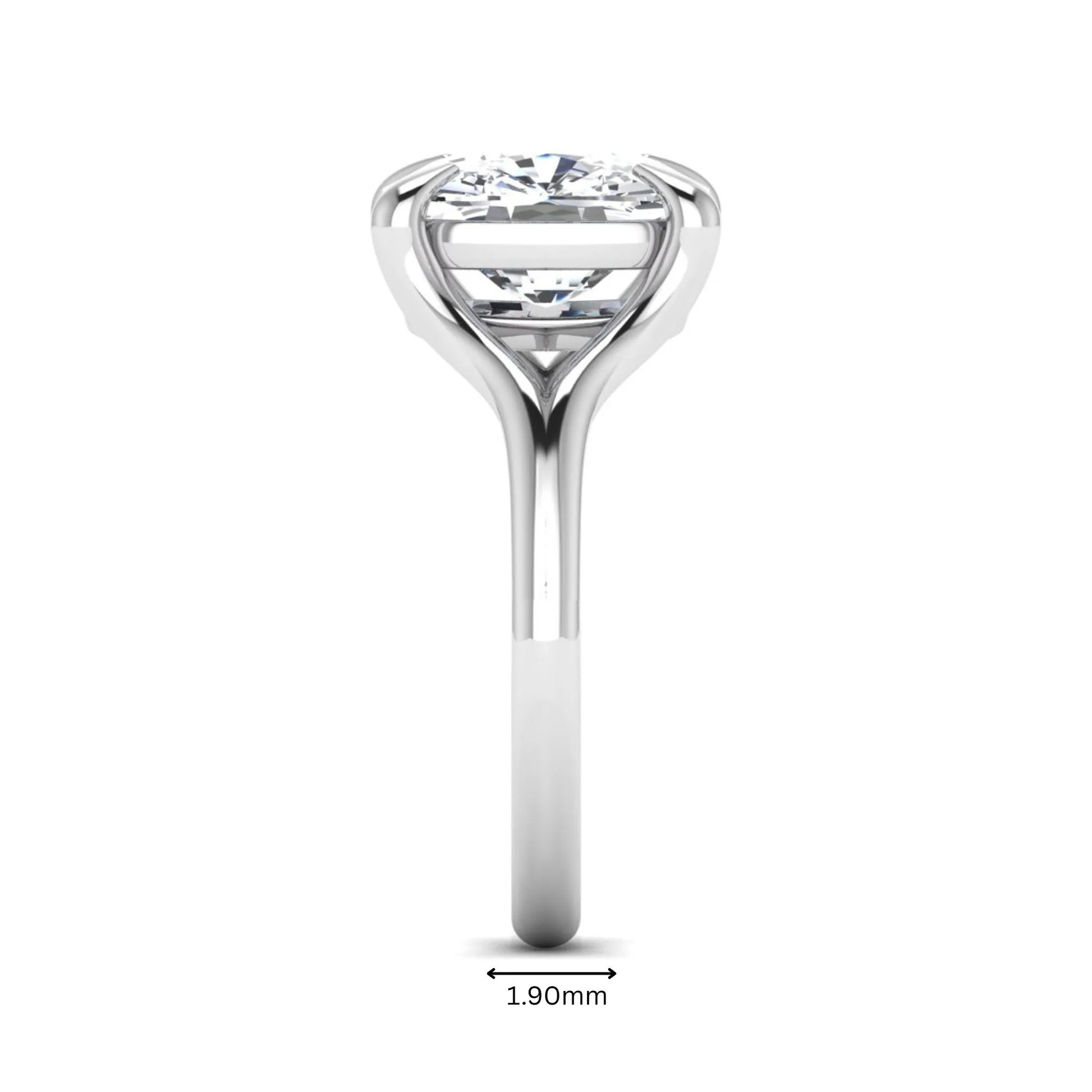 IGI Certified 2.97 carat cushion cut lab grown diamond split shank engagement ring with claw prong setting in white gold.