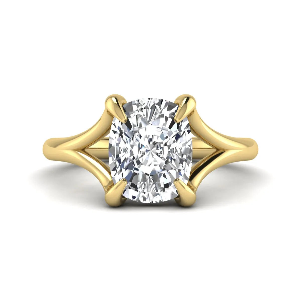 IGI Certified 2.97 carat cushion cut lab grown diamond split shank engagement ring with claw prong setting in yellow gold.