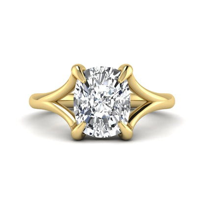 IGI Certified 2.97 carat cushion cut lab grown diamond split shank engagement ring with claw prong setting in yellow gold.