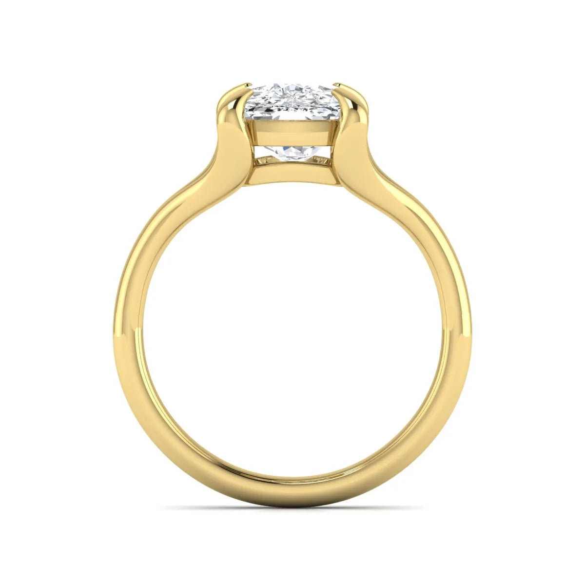 IGI Certified 2.97 carat cushion cut lab grown diamond split shank engagement ring with claw prong setting in yellow gold.