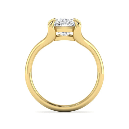 IGI Certified 2.97 carat cushion cut lab grown diamond split shank engagement ring with claw prong setting in yellow gold.