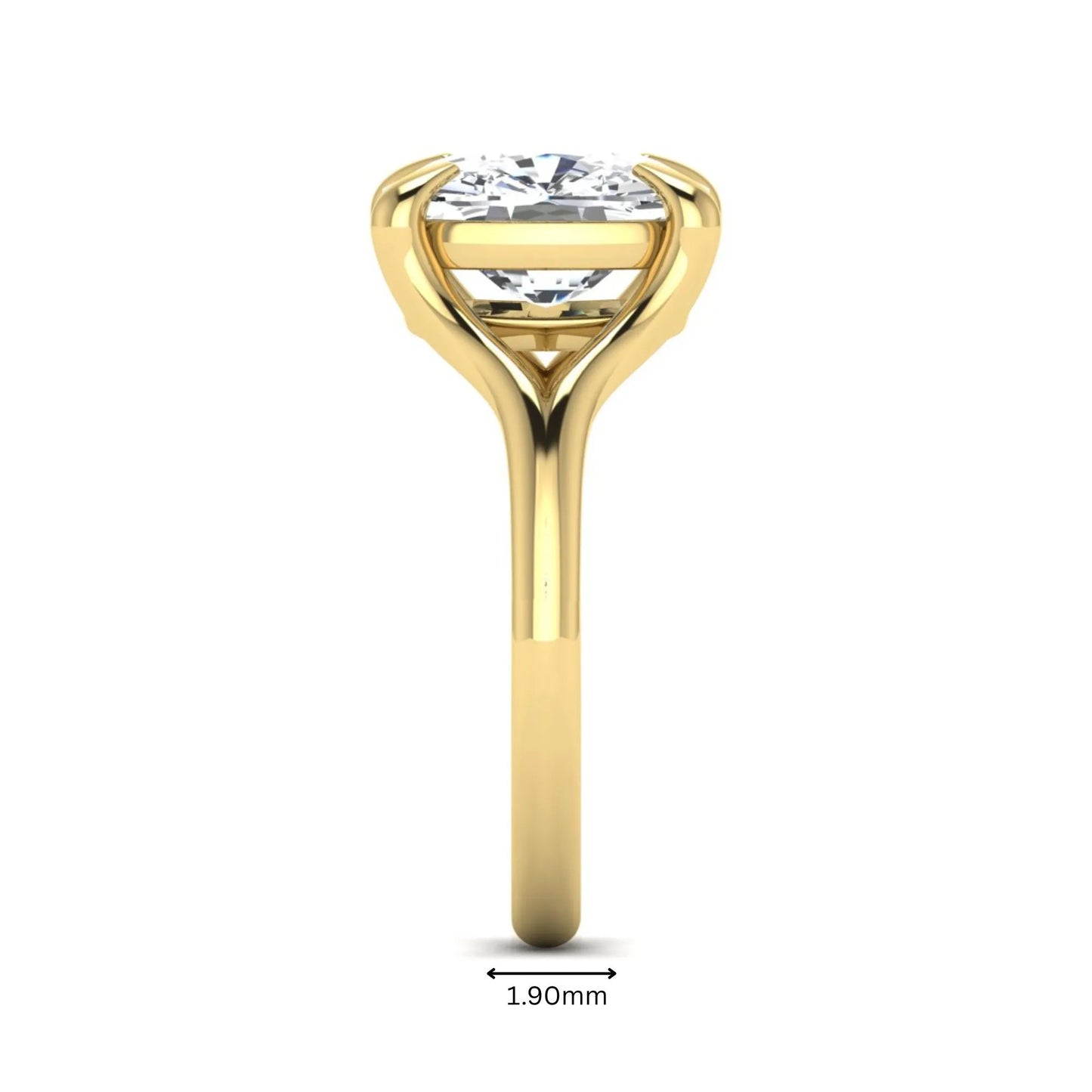 IGI Certified 2.97 carat cushion cut lab grown diamond split shank engagement ring with claw prong setting in yellow gold.