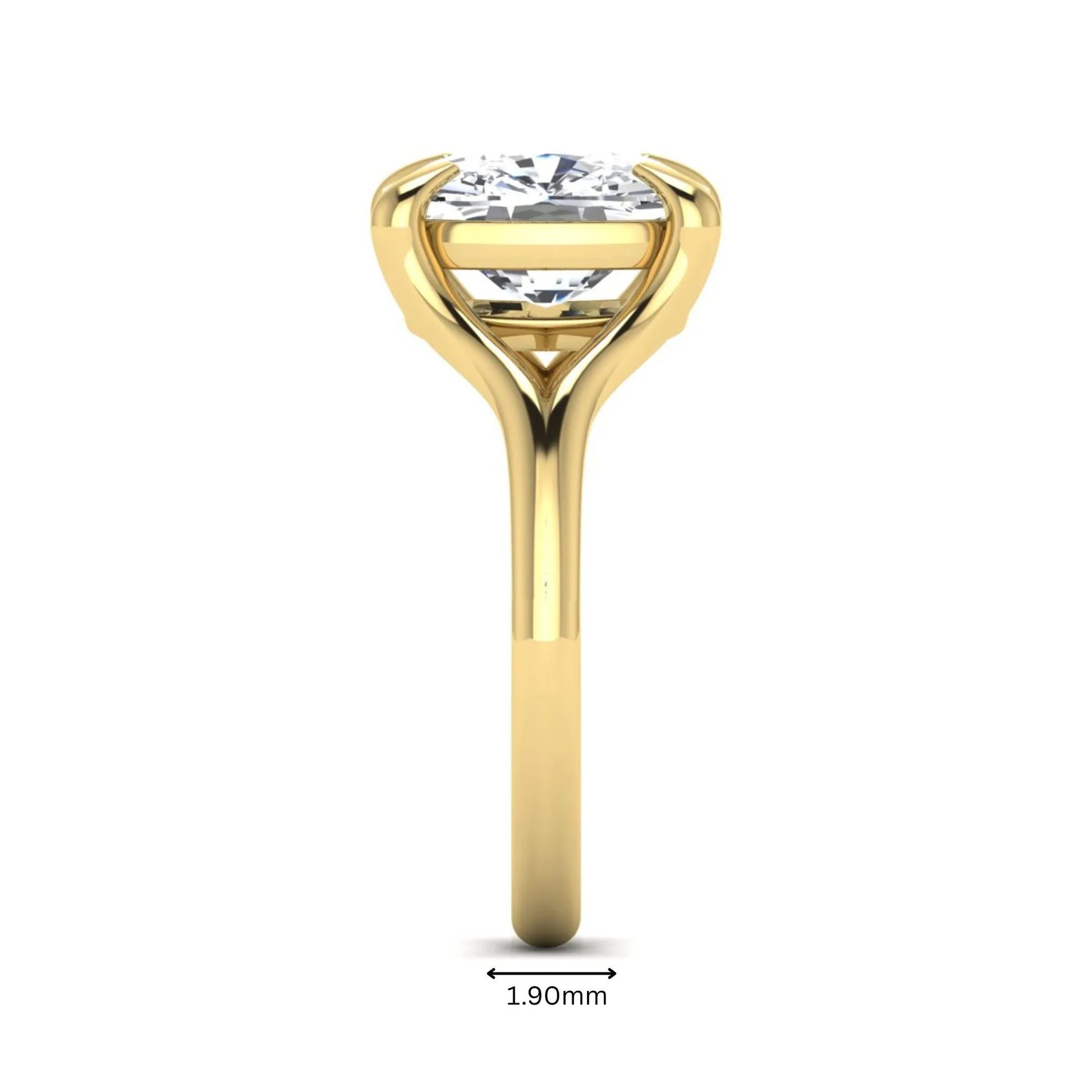 IGI Certified 2.97 carat cushion cut lab grown diamond split shank engagement ring with claw prong setting in yellow gold.