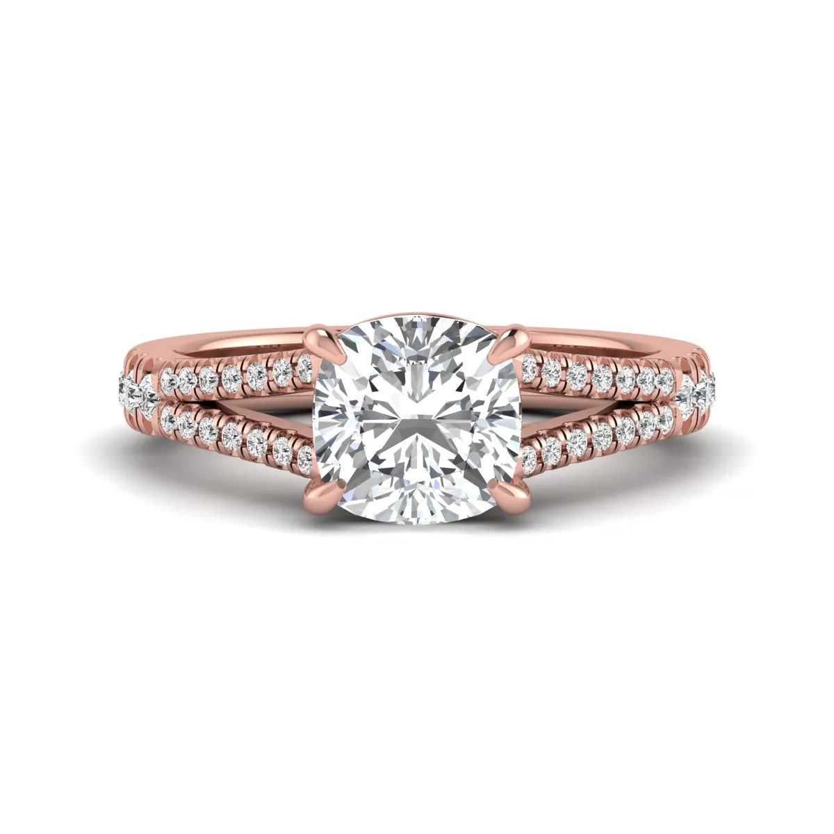 Cushion Split Shank Pavé Lab Grown Diamond Engagement Ring featuring an 8.00 mm cushion-cut center diamond in a four-prong setting with a diamond pavé split shank in rose gold