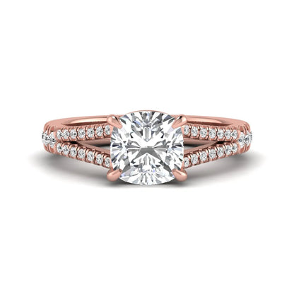Cushion Split Shank Pavé Lab Grown Diamond Engagement Ring featuring an 8.00 mm cushion-cut center diamond in a four-prong setting with a diamond pavé split shank in rose gold