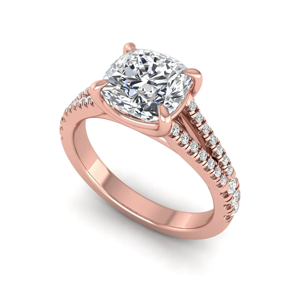 Cushion Split Shank Pavé Lab Grown Diamond Engagement Ring featuring an 8.00 mm cushion-cut center diamond in a four-prong setting with a diamond pavé split shank in rose gold