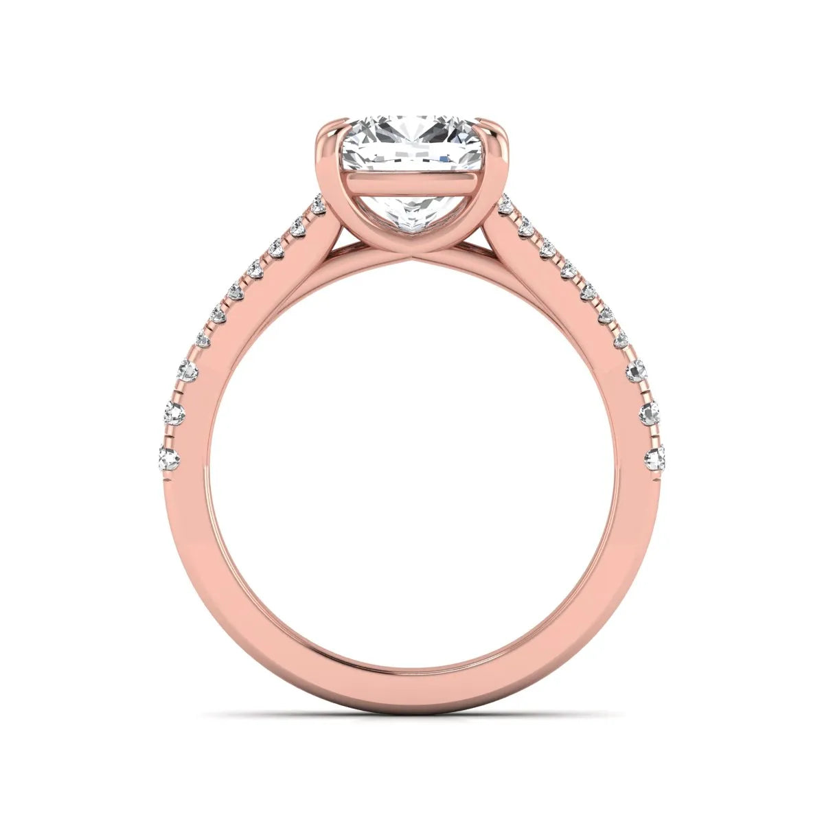 Cushion Split Shank Pavé Lab Grown Diamond Engagement Ring featuring an 8.00 mm cushion-cut center diamond in a four-prong setting with a diamond pavé split shank in rose gold