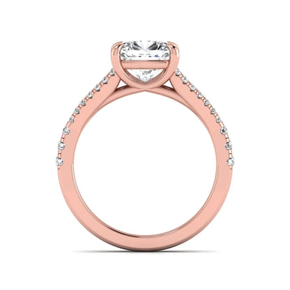 Cushion Split Shank Pavé Lab Grown Diamond Engagement Ring featuring an 8.00 mm cushion-cut center diamond in a four-prong setting with a diamond pavé split shank in rose gold