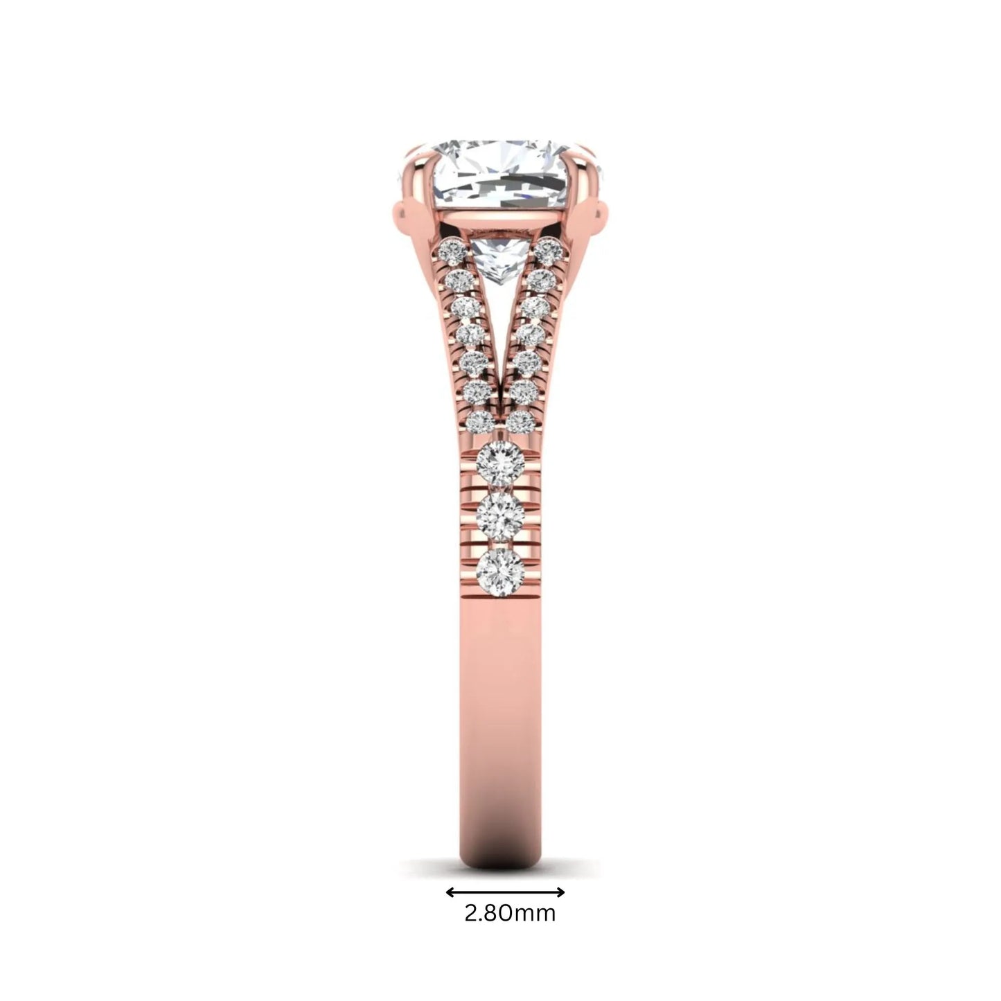 Cushion Split Shank Pavé Lab Grown Diamond Engagement Ring featuring an 8.00 mm cushion-cut center diamond in a four-prong setting with a diamond pavé split shank in rose gold