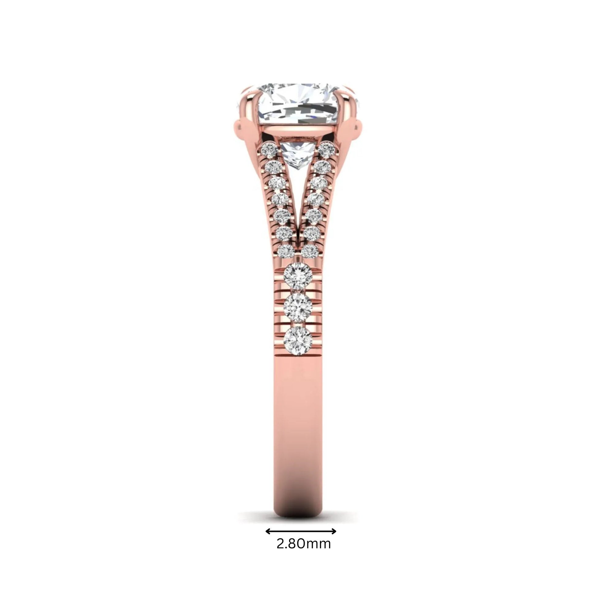 Cushion Split Shank Pavé Lab Grown Diamond Engagement Ring featuring an 8.00 mm cushion-cut center diamond in a four-prong setting with a diamond pavé split shank in rose gold
