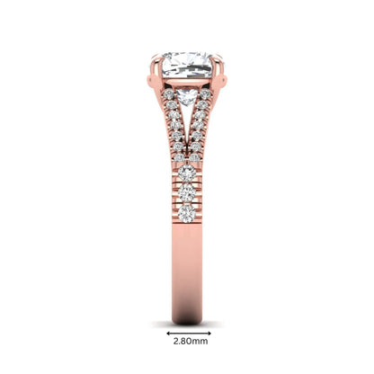 Cushion Split Shank Pavé Lab Grown Diamond Engagement Ring featuring an 8.00 mm cushion-cut center diamond in a four-prong setting with a diamond pavé split shank in rose gold