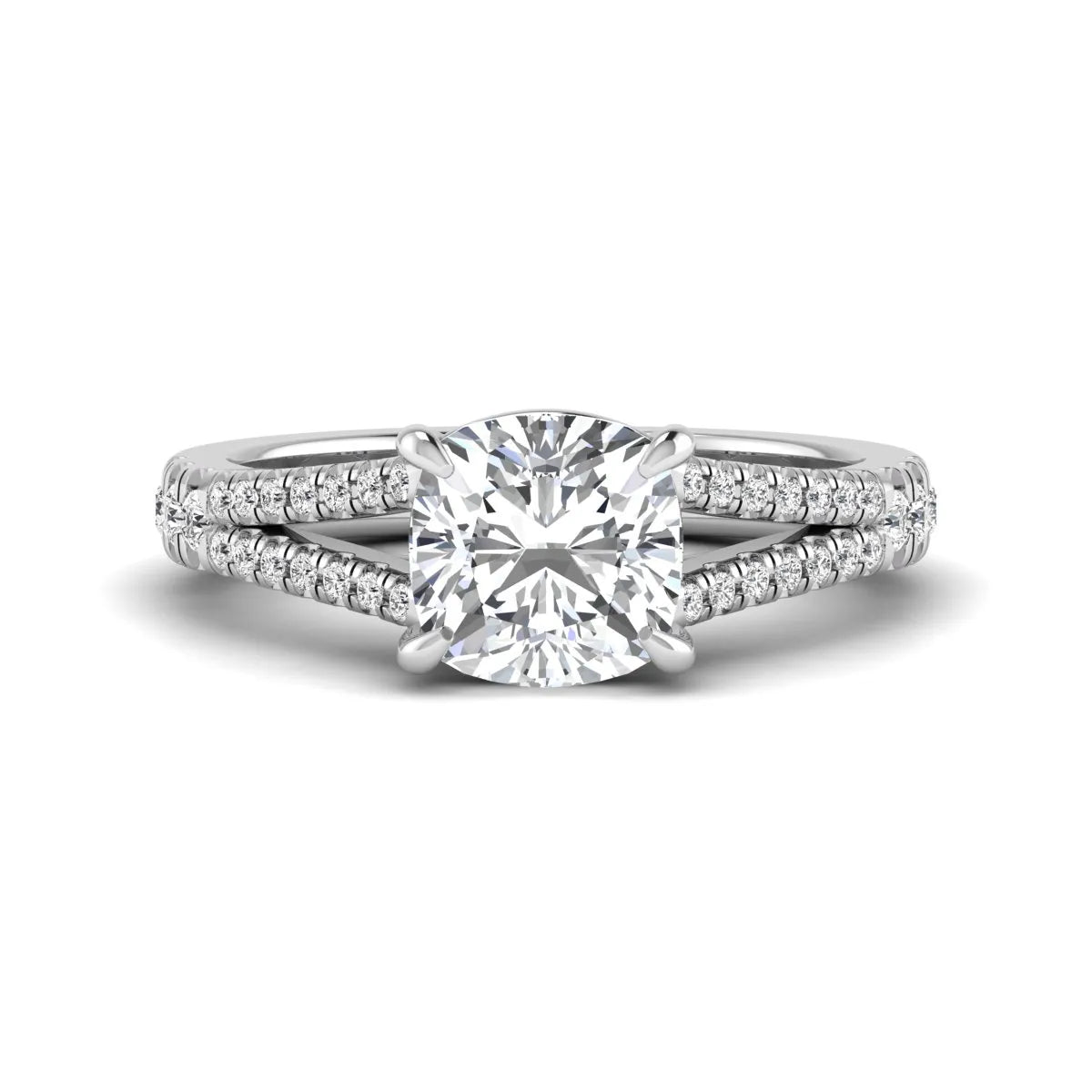 Cushion Split Shank Pavé Lab Grown Diamond Engagement Ring featuring an 8.00 mm cushion-cut center diamond in a four-prong setting with a diamond pavé split shank in white gold