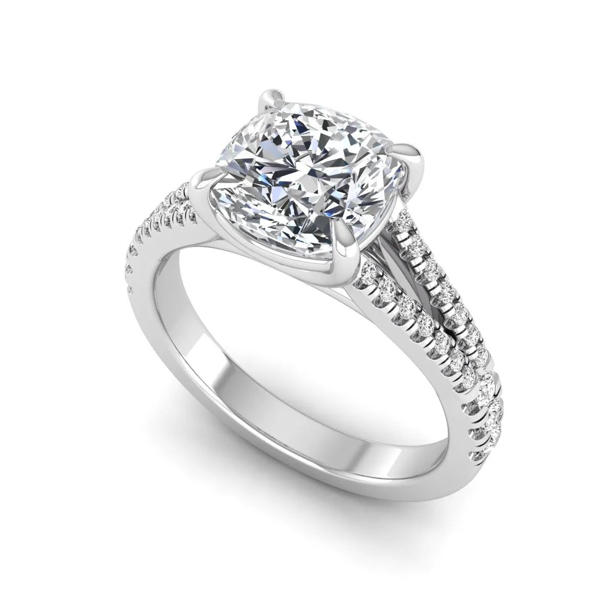 Cushion Split Shank Pavé Lab Grown Diamond Engagement Ring featuring an 8.00 mm cushion-cut center diamond in a four-prong setting with a diamond pavé split shank in white gold