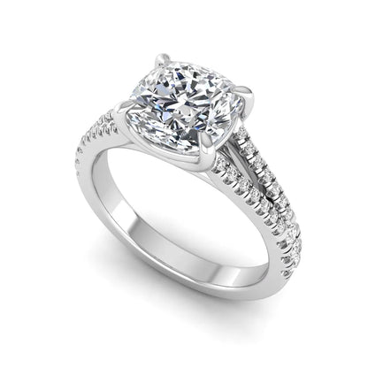 Cushion Split Shank Pavé Lab Grown Diamond Engagement Ring featuring an 8.00 mm cushion-cut center diamond in a four-prong setting with a diamond pavé split shank in white gold