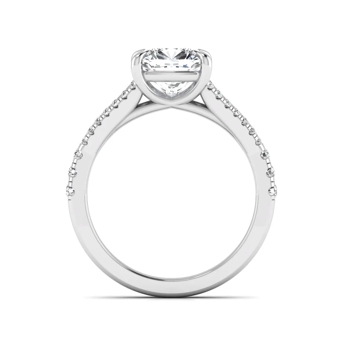 Cushion Split Shank Pavé Lab Grown Diamond Engagement Ring featuring an 8.00 mm cushion-cut center diamond in a four-prong setting with a diamond pavé split shank in white gold