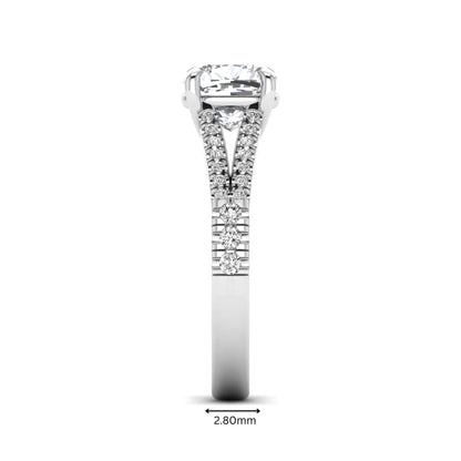 Cushion Split Shank Pavé Lab Grown Diamond Engagement Ring featuring an 8.00 mm cushion-cut center diamond in a four-prong setting with a diamond pavé split shank in white gold