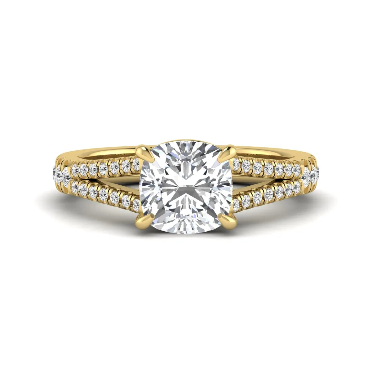 Cushion Split Shank Pavé Lab Grown Diamond Engagement Ring featuring an 8.00 mm cushion-cut center diamond in a four-prong setting with a diamond pavé split shank in yellow gold