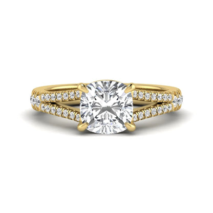 Cushion Split Shank Pavé Lab Grown Diamond Engagement Ring featuring an 8.00 mm cushion-cut center diamond in a four-prong setting with a diamond pavé split shank in yellow gold