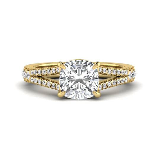 Cushion Split Shank Pavé Lab Grown Diamond Engagement Ring featuring an 8.00 mm cushion-cut center diamond in a four-prong setting with a diamond pavé split shank in yellow gold