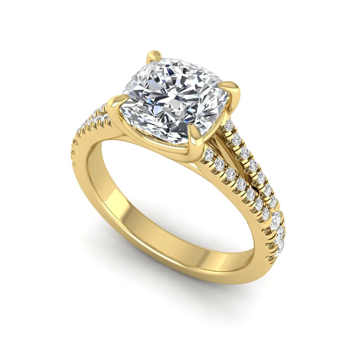 Cushion Split Shank Pavé Lab Grown Diamond Engagement Ring featuring an 8.00 mm cushion-cut center diamond in a four-prong setting with a diamond pavé split shank in yellow gold