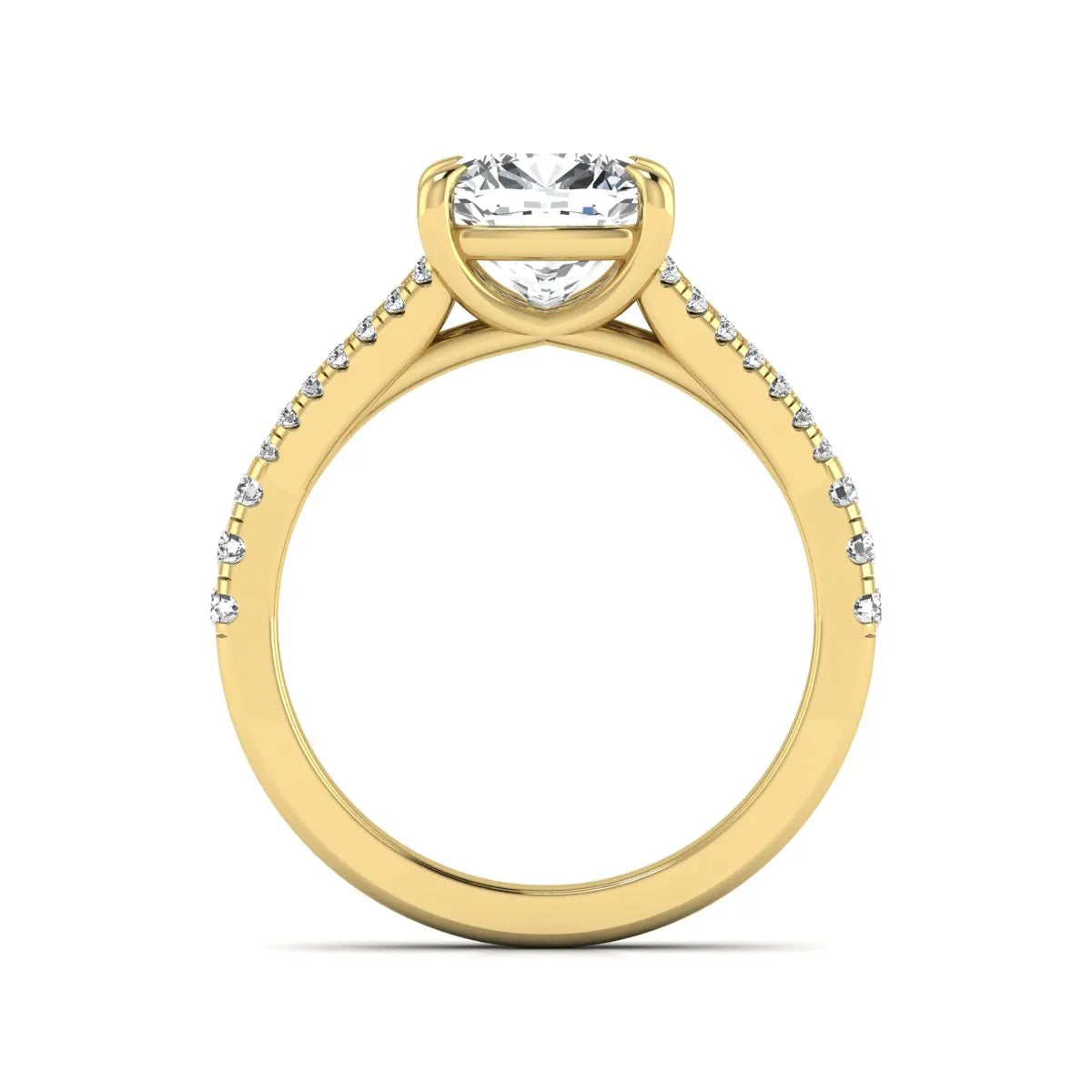 Cushion Split Shank Pavé Lab Grown Diamond Engagement Ring featuring an 8.00 mm cushion-cut center diamond in a four-prong setting with a diamond pavé split shank in yellow gold