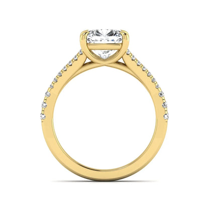 Cushion Split Shank Pavé Lab Grown Diamond Engagement Ring featuring an 8.00 mm cushion-cut center diamond in a four-prong setting with a diamond pavé split shank in yellow gold