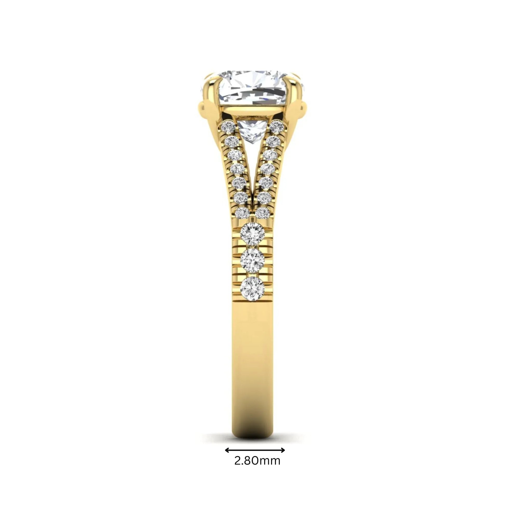 Cushion Split Shank Pavé Lab Grown Diamond Engagement Ring featuring an 8.00 mm cushion-cut center diamond in a four-prong setting with a diamond pavé split shank in yellow gold