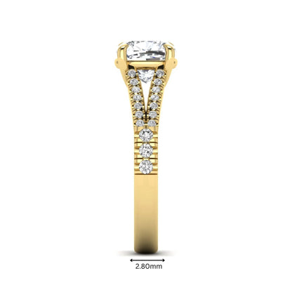 Cushion Split Shank Pavé Lab Grown Diamond Engagement Ring featuring an 8.00 mm cushion-cut center diamond in a four-prong setting with a diamond pavé split shank in yellow gold