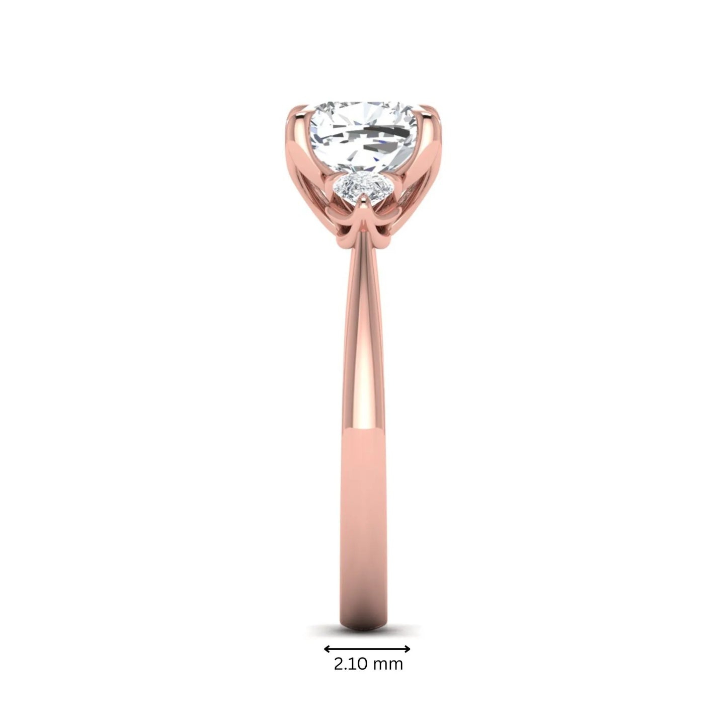 Cushion cut three stone lab grown diamond engagement ring featuring a 1.67 carat IGI certified center diamond with pear side diamonds in rose gold.