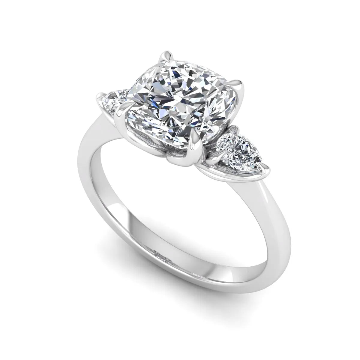 Cushion cut three stone lab grown diamond engagement ring featuring a 1.67 carat IGI certified center diamond with pear side diamonds in white gold.