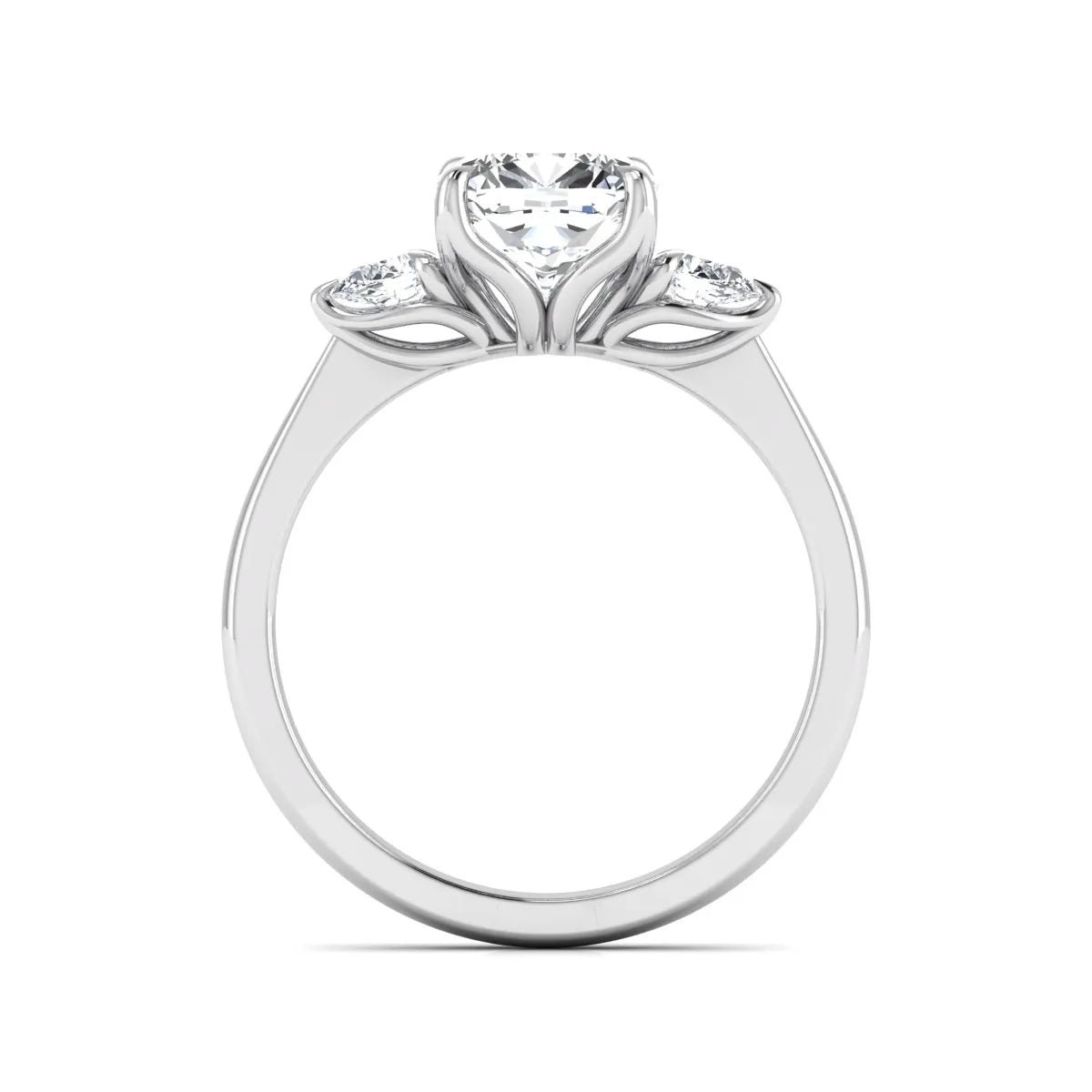Cushion cut three stone lab grown diamond engagement ring featuring a 1.67 carat IGI certified center diamond with pear side diamonds in white gold.