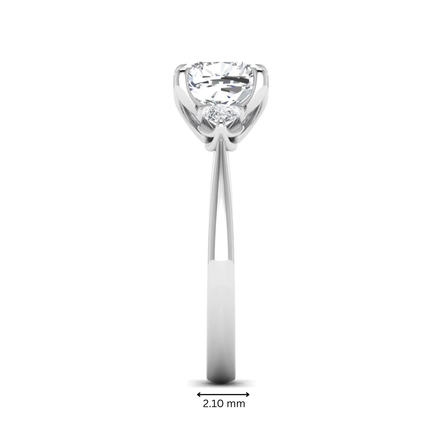 Cushion cut three stone lab grown diamond engagement ring featuring a 1.67 carat IGI certified center diamond with pear side diamonds in white gold.