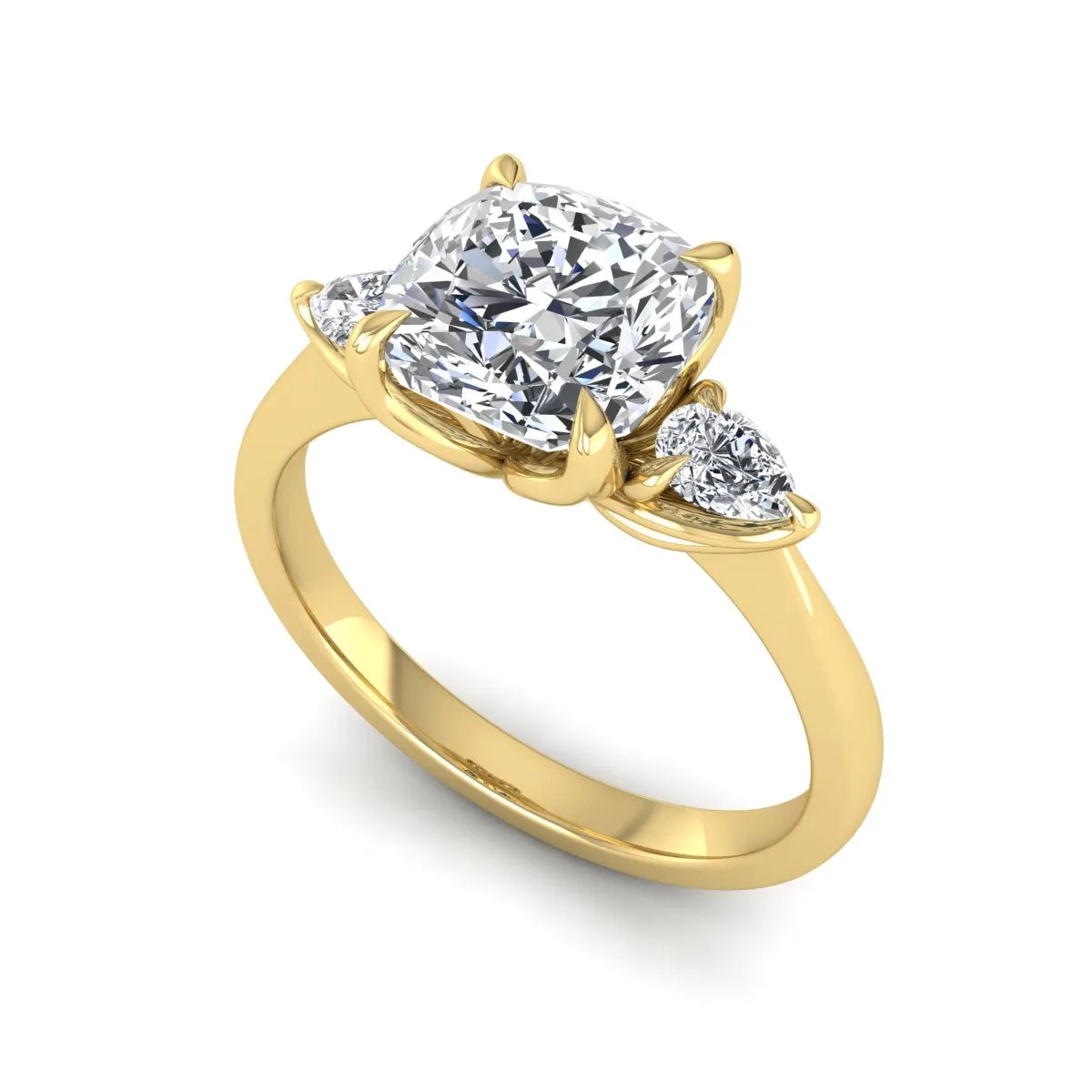Cushion cut three stone lab grown diamond engagement ring featuring a 1.67 carat IGI certified center diamond with pear side diamonds in yellow gold.