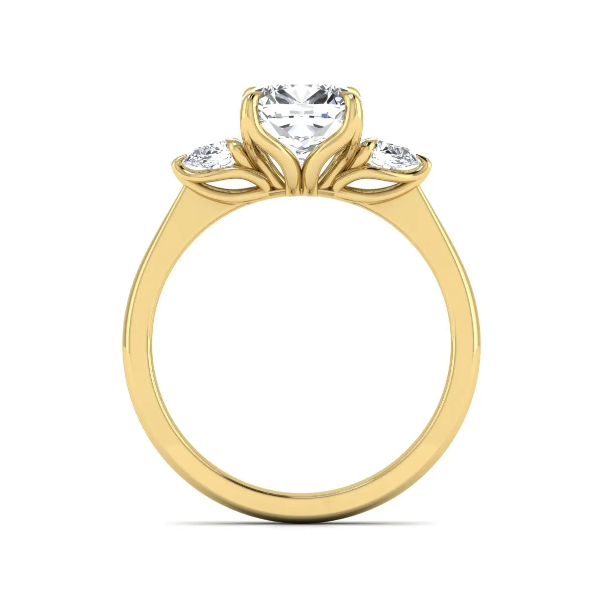 Cushion cut three stone lab grown diamond engagement ring featuring a 1.67 carat IGI certified center diamond with pear side diamonds in yellow gold.