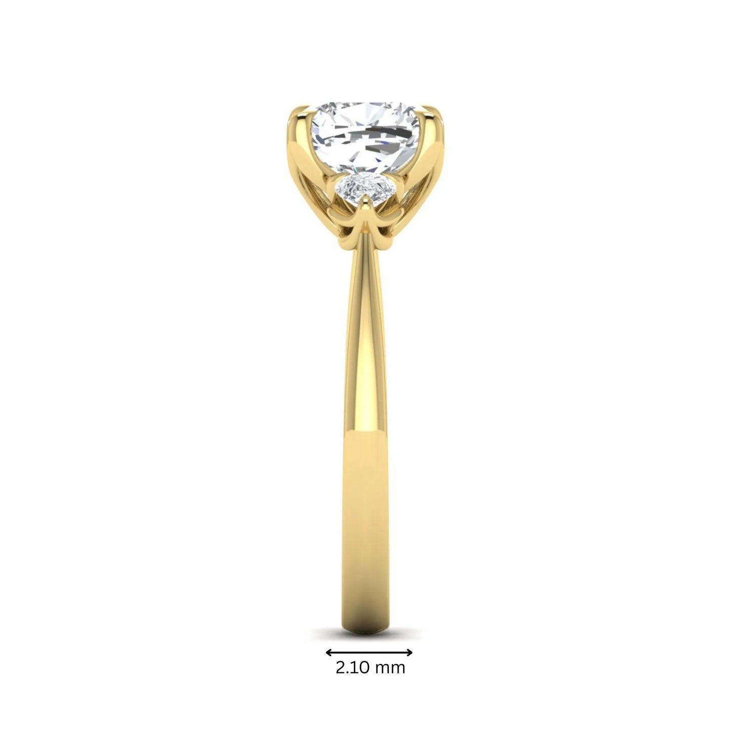 Cushion cut three stone lab grown diamond engagement ring featuring a 1.67 carat IGI certified center diamond with pear side diamonds in yellow gold.