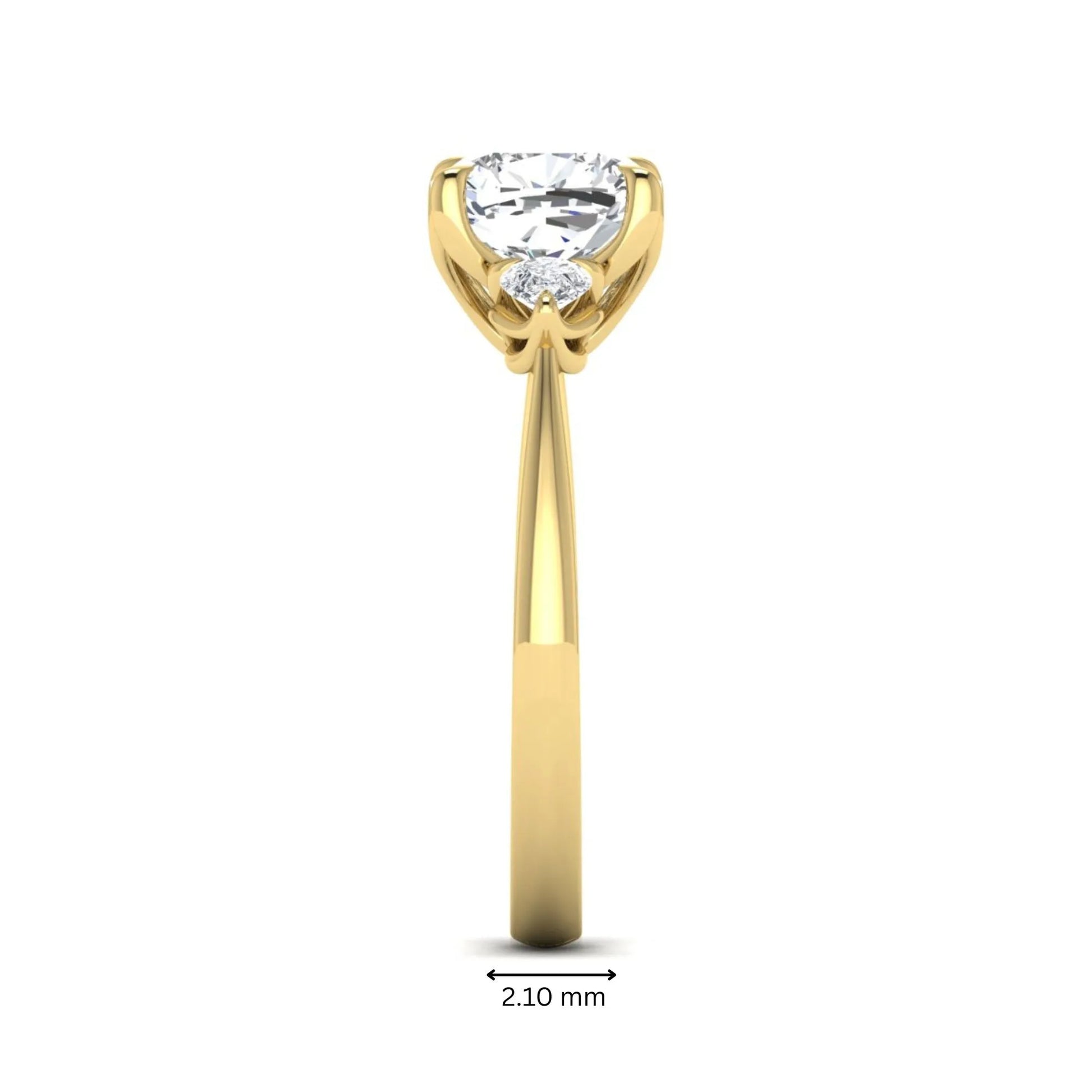Cushion cut three stone lab grown diamond engagement ring featuring a 1.67 carat IGI certified center diamond with pear side diamonds in yellow gold.