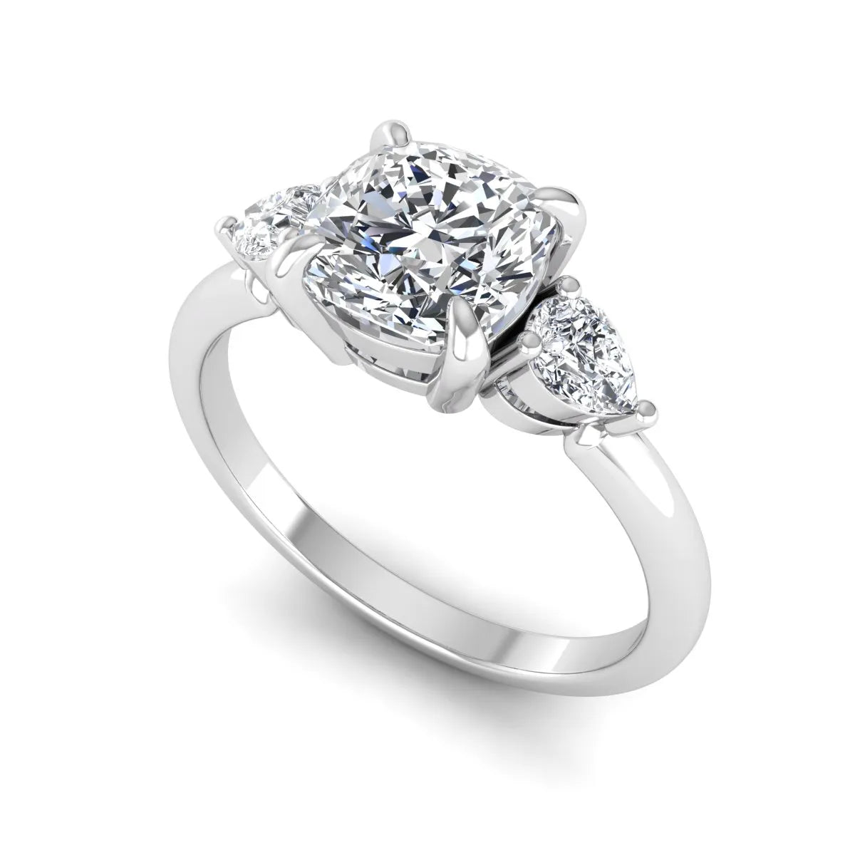 Cushion cut lab grown diamond three stone engagement ring with pear cut side diamonds in a classic prong setting in white gold