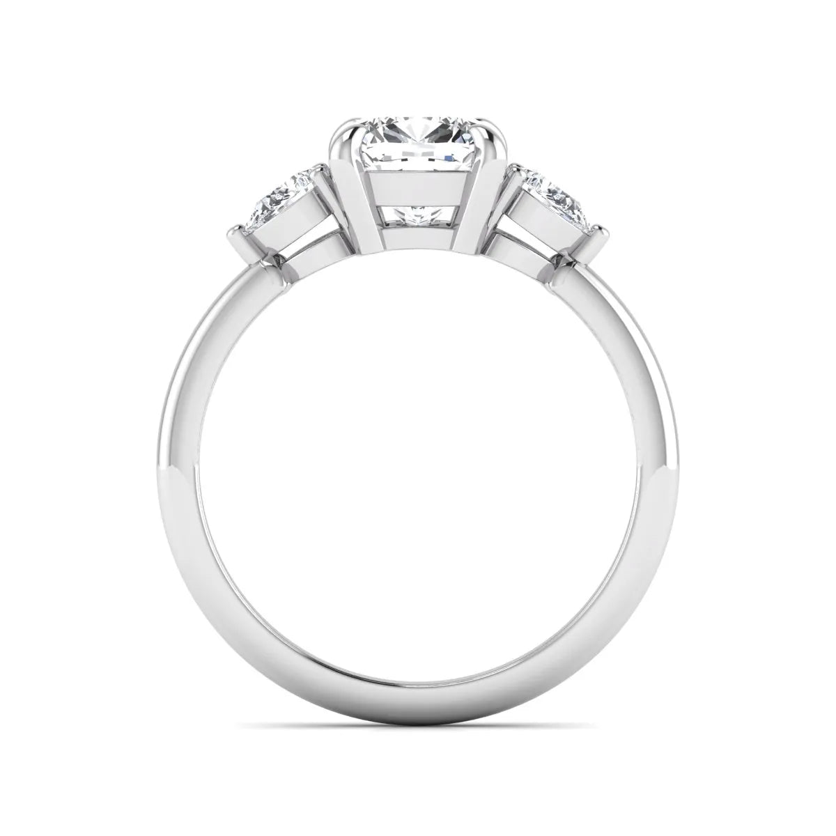 Cushion cut lab grown diamond three stone engagement ring with pear cut side diamonds in a classic prong setting in white gold