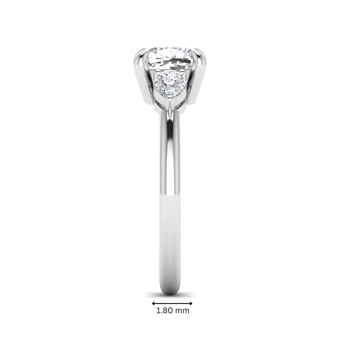 Cushion cut lab grown diamond three stone engagement ring with pear cut side diamonds in a classic prong setting in white gold