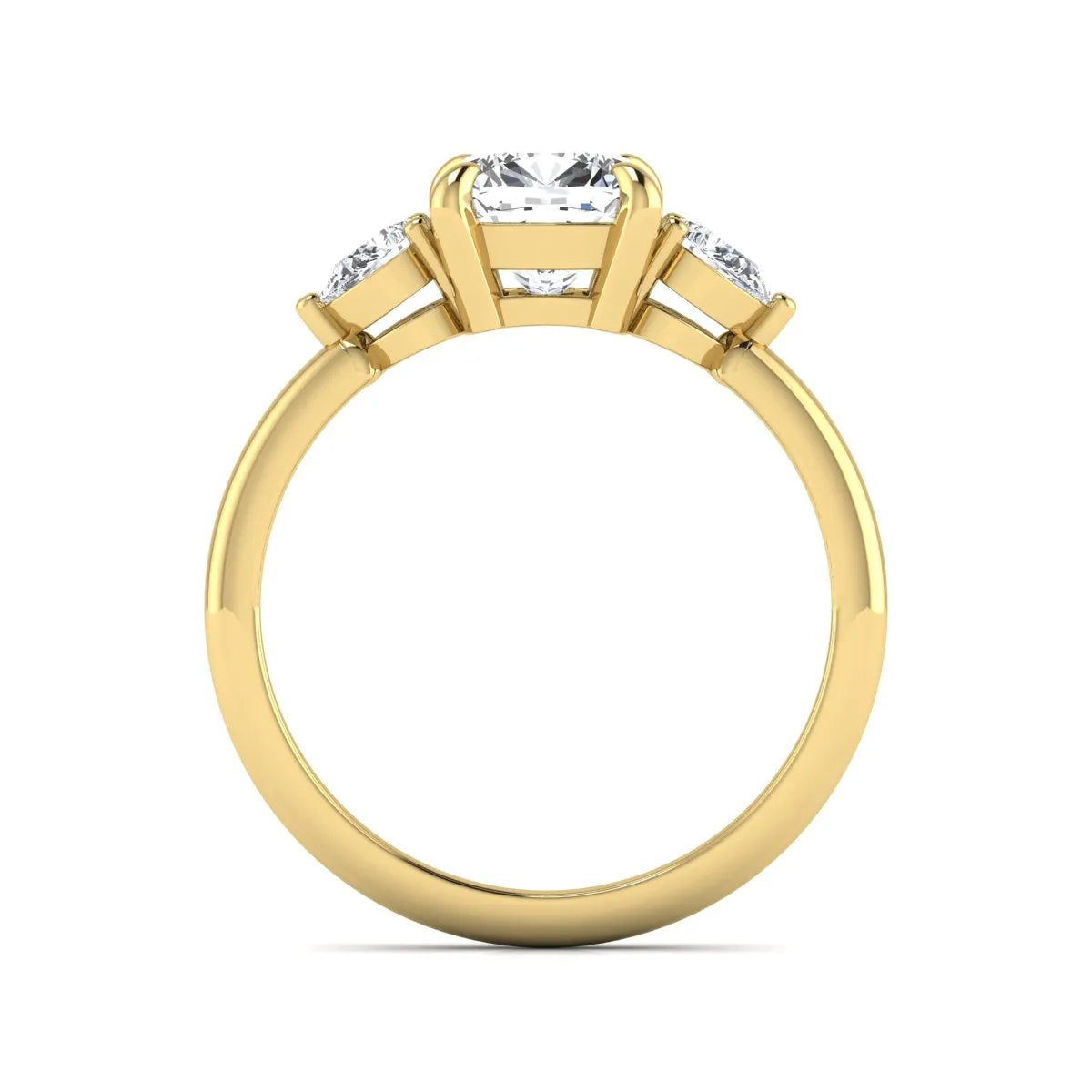 Cushion cut lab grown diamond three stone engagement ring with pear cut side diamonds in a classic prong setting in yellow gold