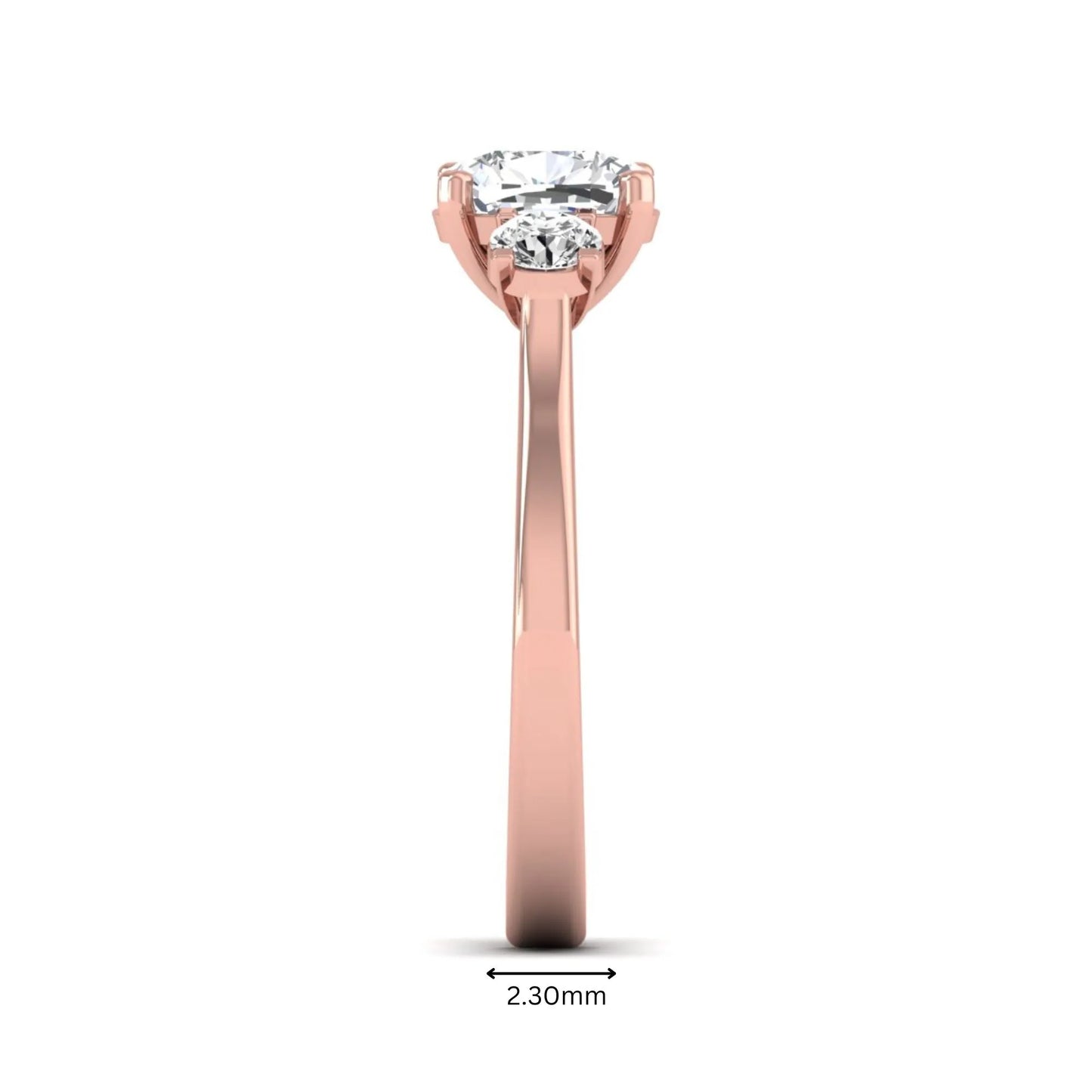 Cushion cut lab grown diamond three stone engagement ring featuring a cushion center diamond with round brilliant side diamonds on a polished rose gold band.