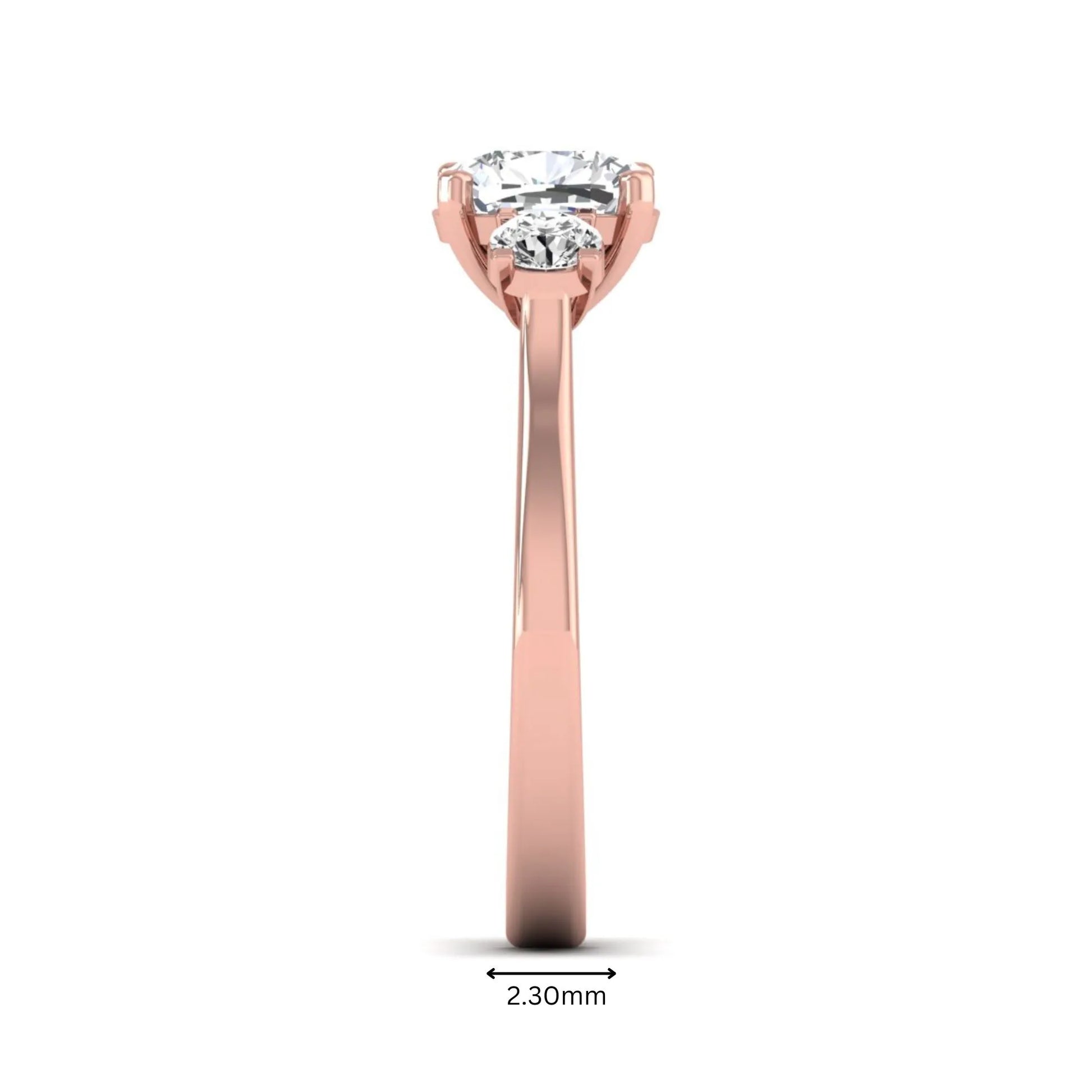 Cushion cut lab grown diamond three stone engagement ring featuring a cushion center diamond with round brilliant side diamonds on a polished rose gold band.