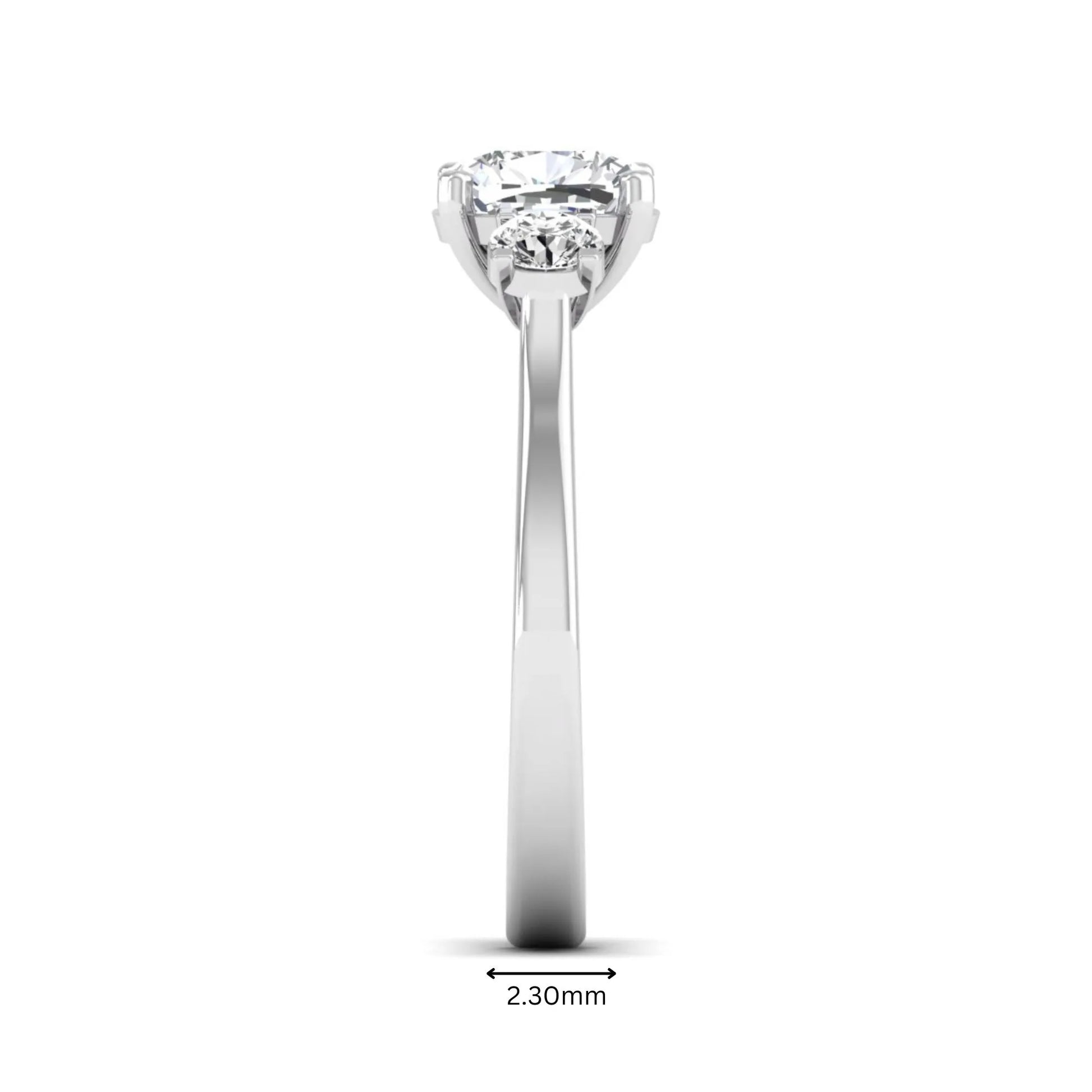 Cushion cut lab grown diamond three stone engagement ring featuring a cushion center diamond with round brilliant side diamonds on a polished white gold band.