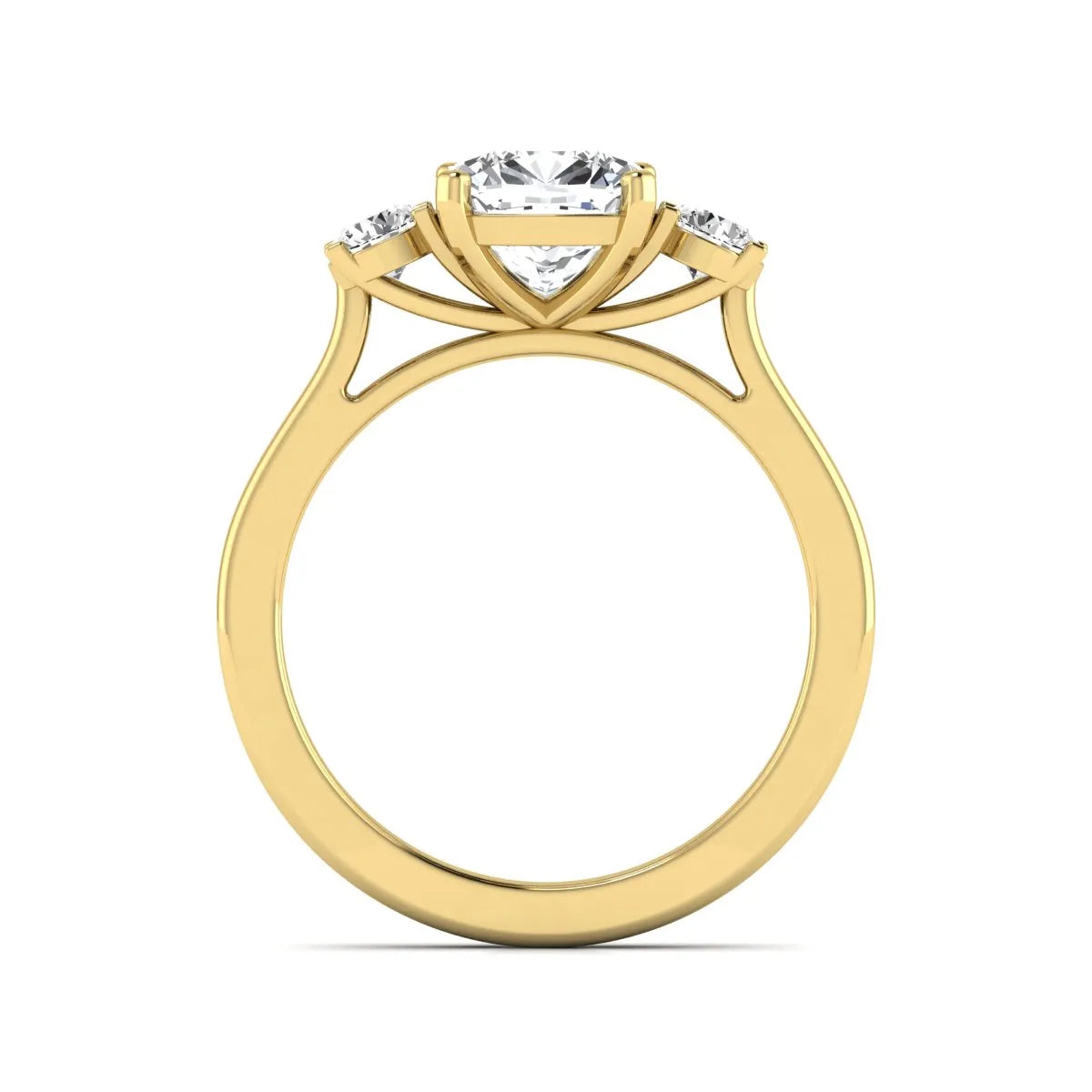 Cushion cut lab grown diamond three stone engagement ring featuring a cushion center diamond with round brilliant side diamonds on a polished yellow gold band.