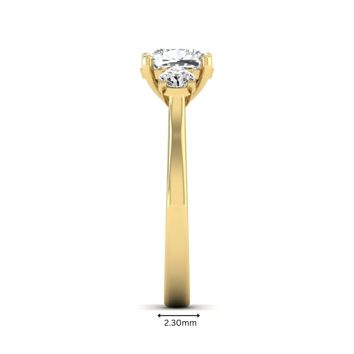 Cushion cut lab grown diamond three stone engagement ring featuring a cushion center diamond with round brilliant side diamonds on a polished yellow gold band.