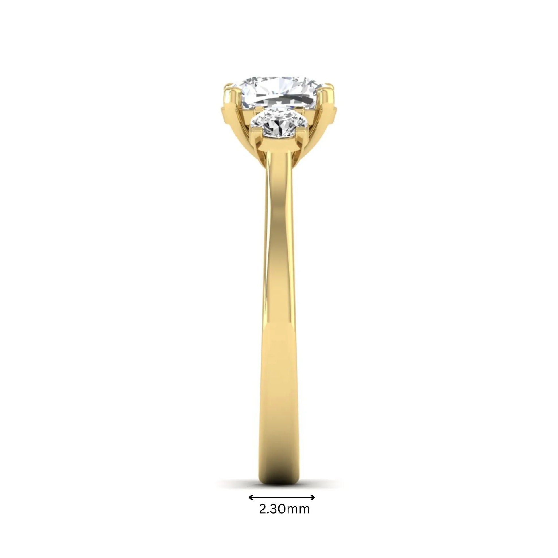 Cushion cut lab grown diamond three stone engagement ring featuring a cushion center diamond with round brilliant side diamonds on a polished yellow gold band.
