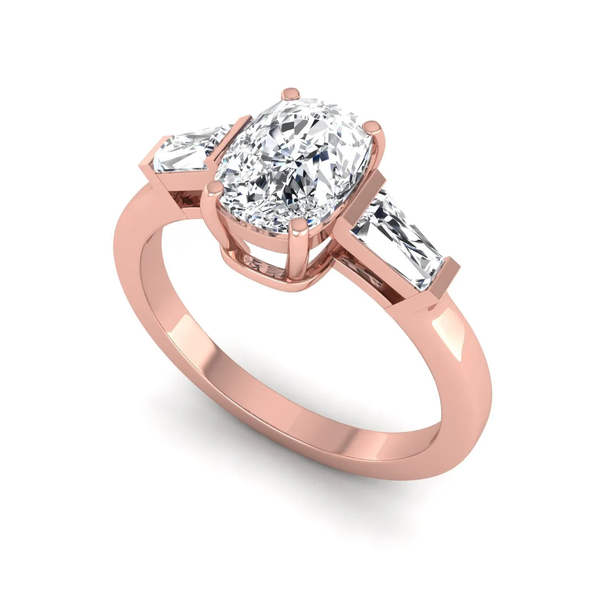 Cushion cut lab grown diamond three stone engagement ring with baguette side diamonds in a four prong setting and rose gold tone band.