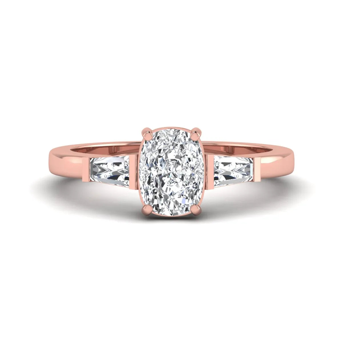 Cushion cut lab grown diamond three stone engagement ring with baguette side diamonds in a four prong setting and rose gold tone band.